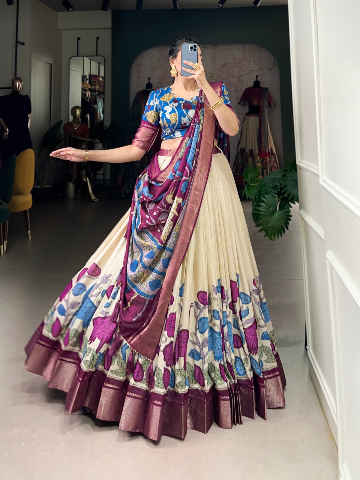 Delightful Jacquard Silk Kalamkari Printed Lehenga Choli Set - INDIAN ELEGANCE
