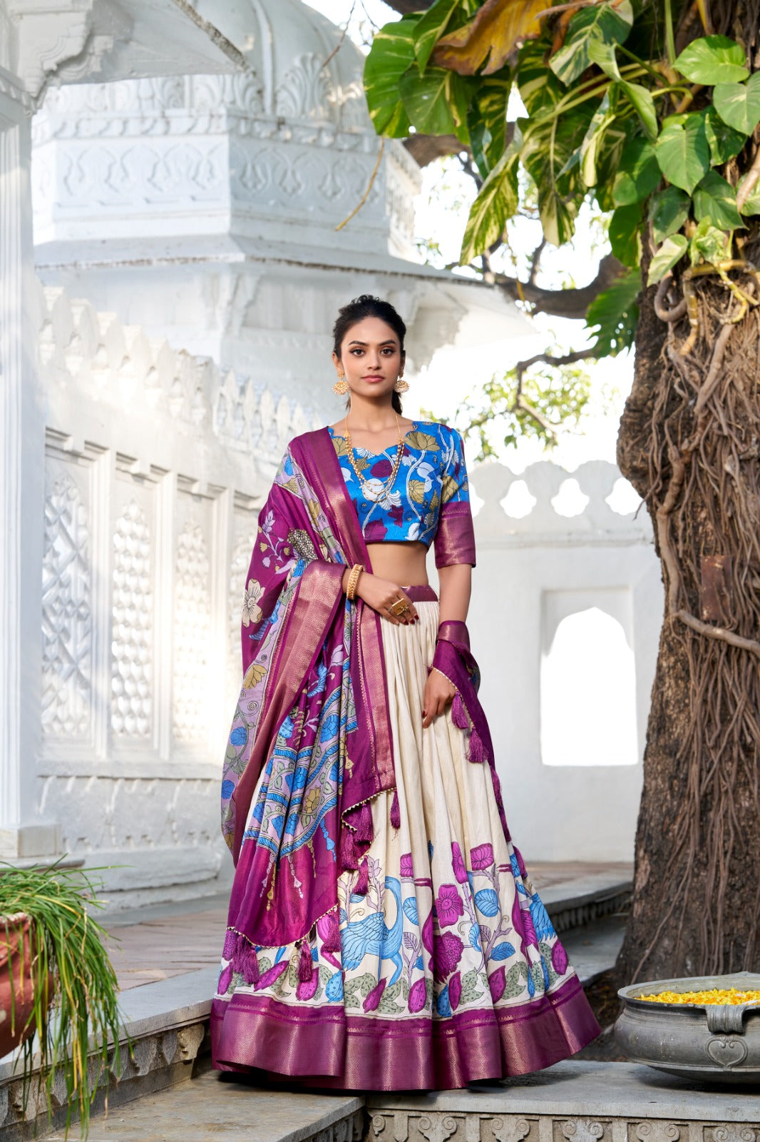 Delightful Jacquard Silk Kalamkari Printed Lehenga Choli Set - INDIAN ELEGANCE