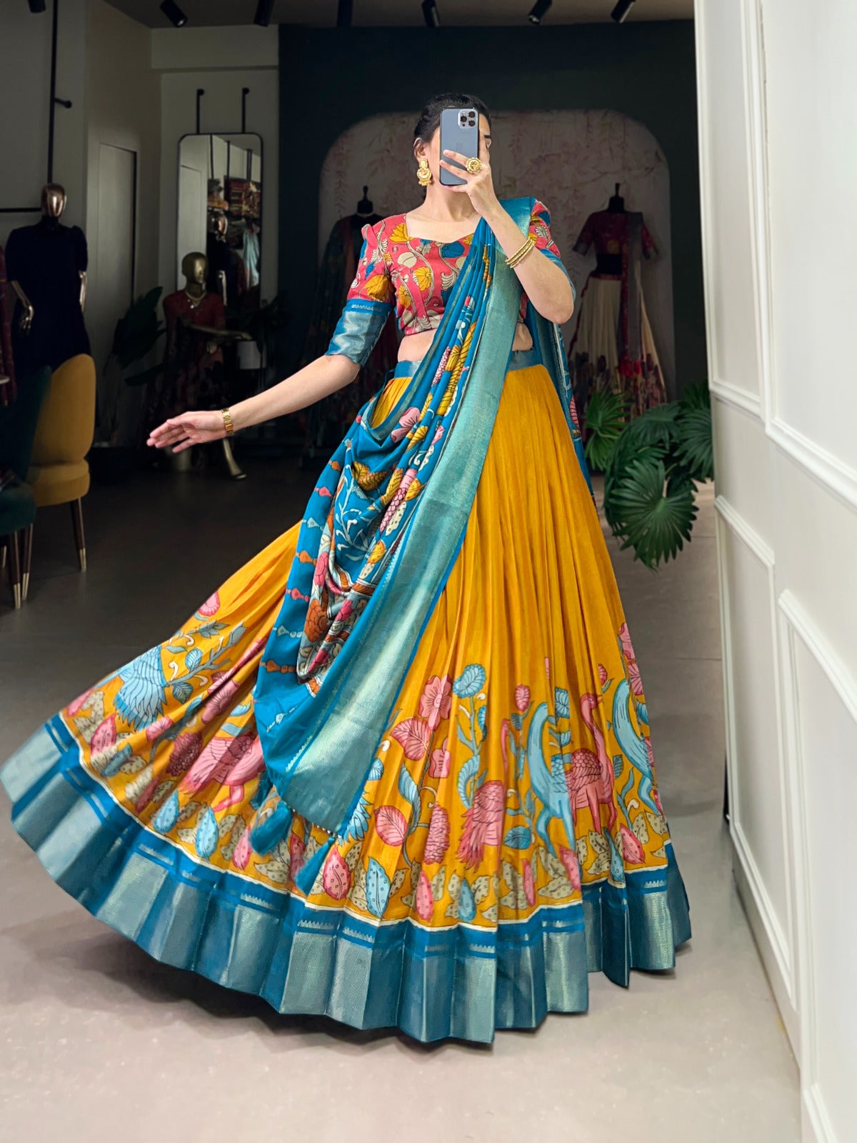 Delightful Jacquard Silk Kalamkari Printed Lehenga Choli Set - INDIAN ELEGANCE