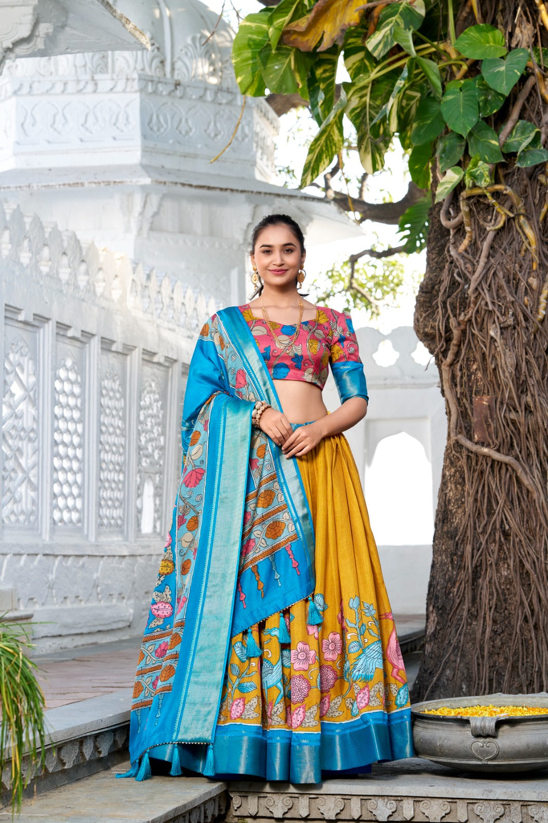 Delightful Jacquard Silk Kalamkari Printed Lehenga Choli Set - INDIAN ELEGANCE