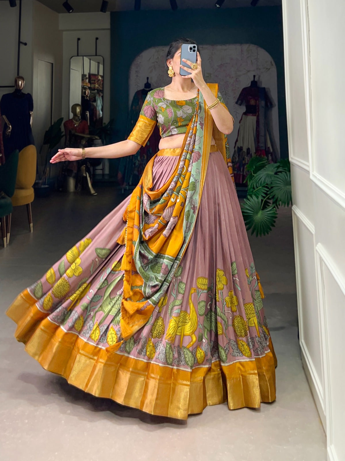 Delightful Jacquard Silk Kalamkari Printed Lehenga Choli Set - INDIAN ELEGANCE