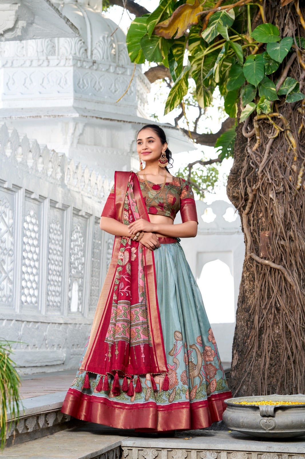 Delightful Jacquard Silk Kalamkari Printed Lehenga Choli Set - INDIAN ELEGANCE