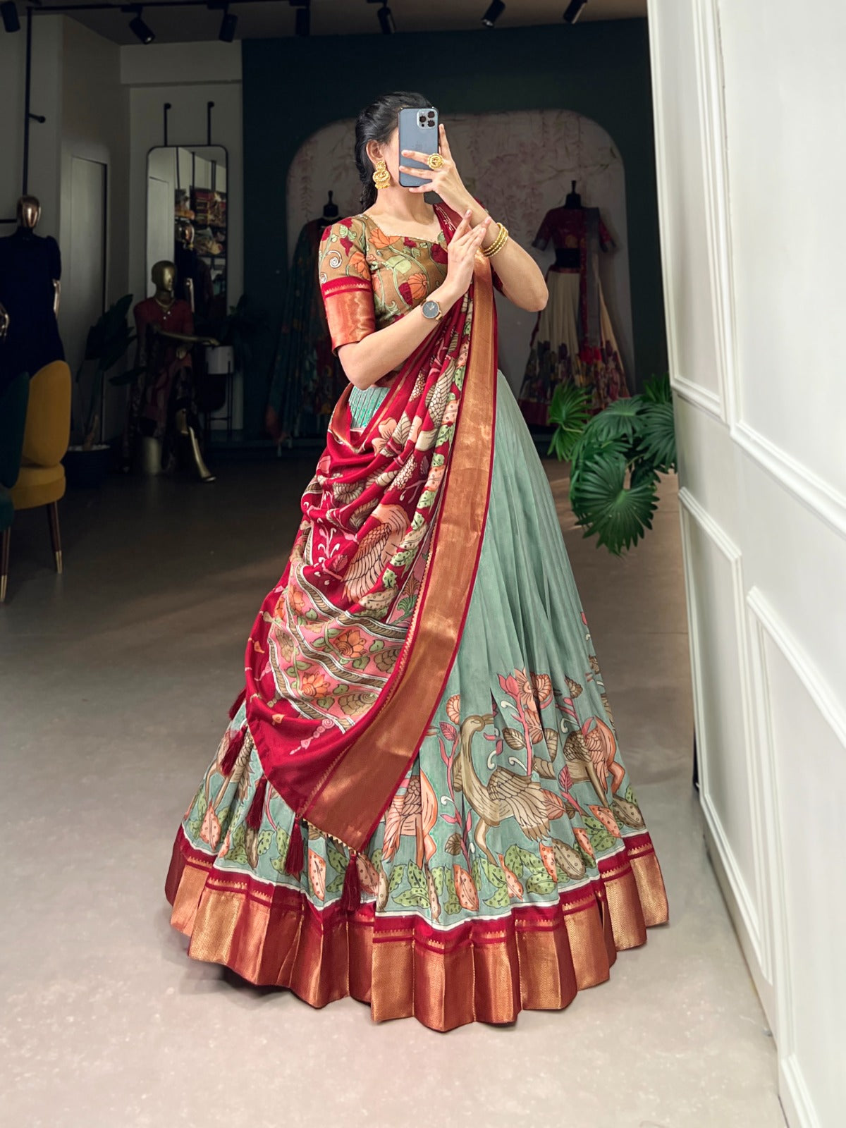 Delightful Jacquard Silk Kalamkari Printed Lehenga Choli Set - INDIAN ELEGANCE