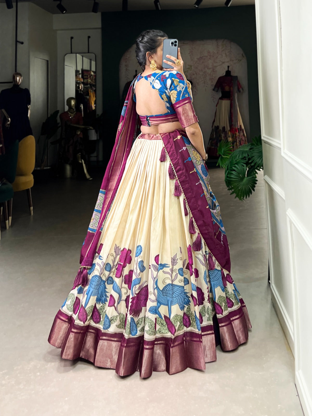 Delightful Jacquard Silk Kalamkari Printed Lehenga Choli Set - INDIAN ELEGANCE