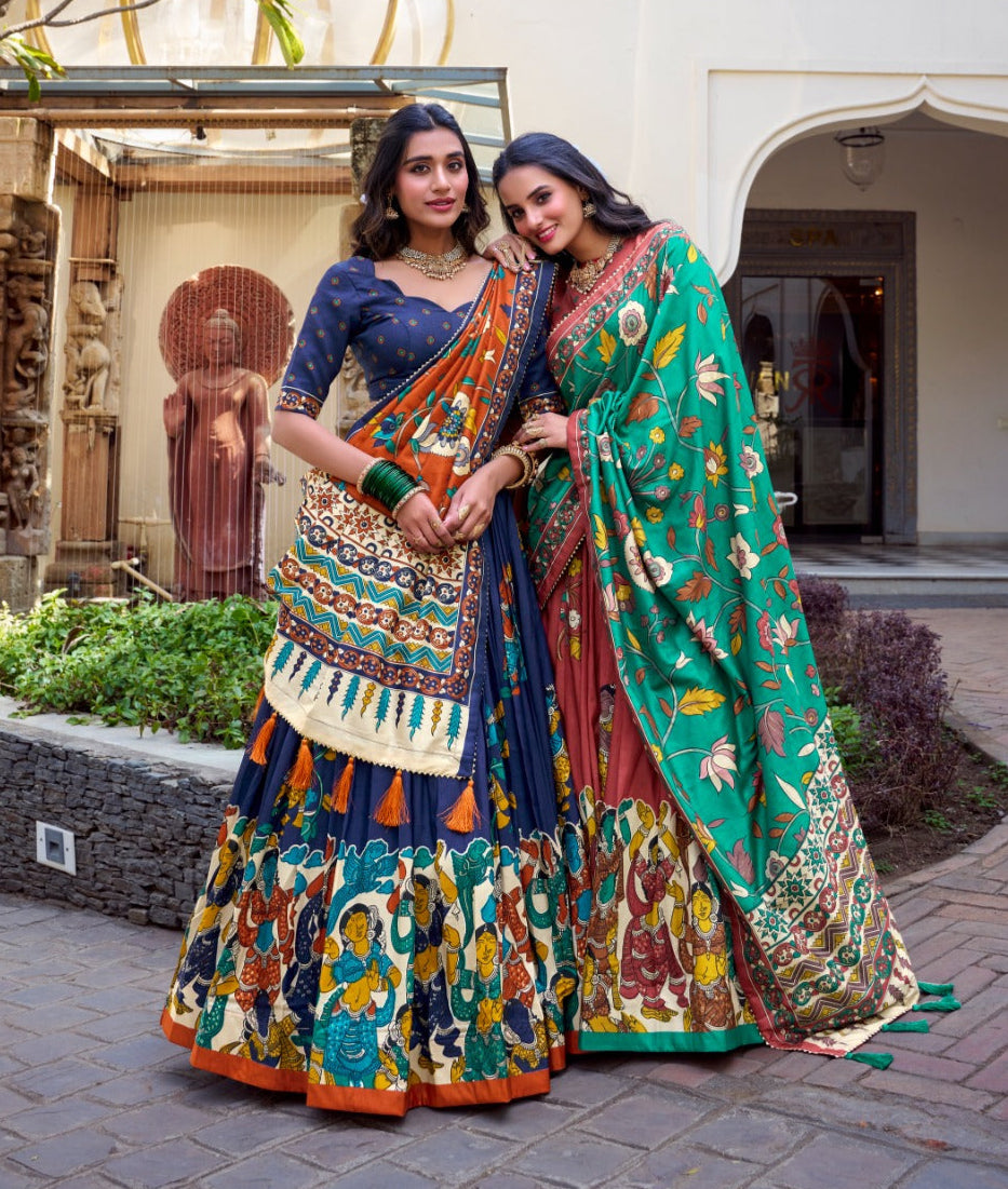 Exquisite Tussar Silk Kalamkari Printed Foil Worked Lehenga Choli