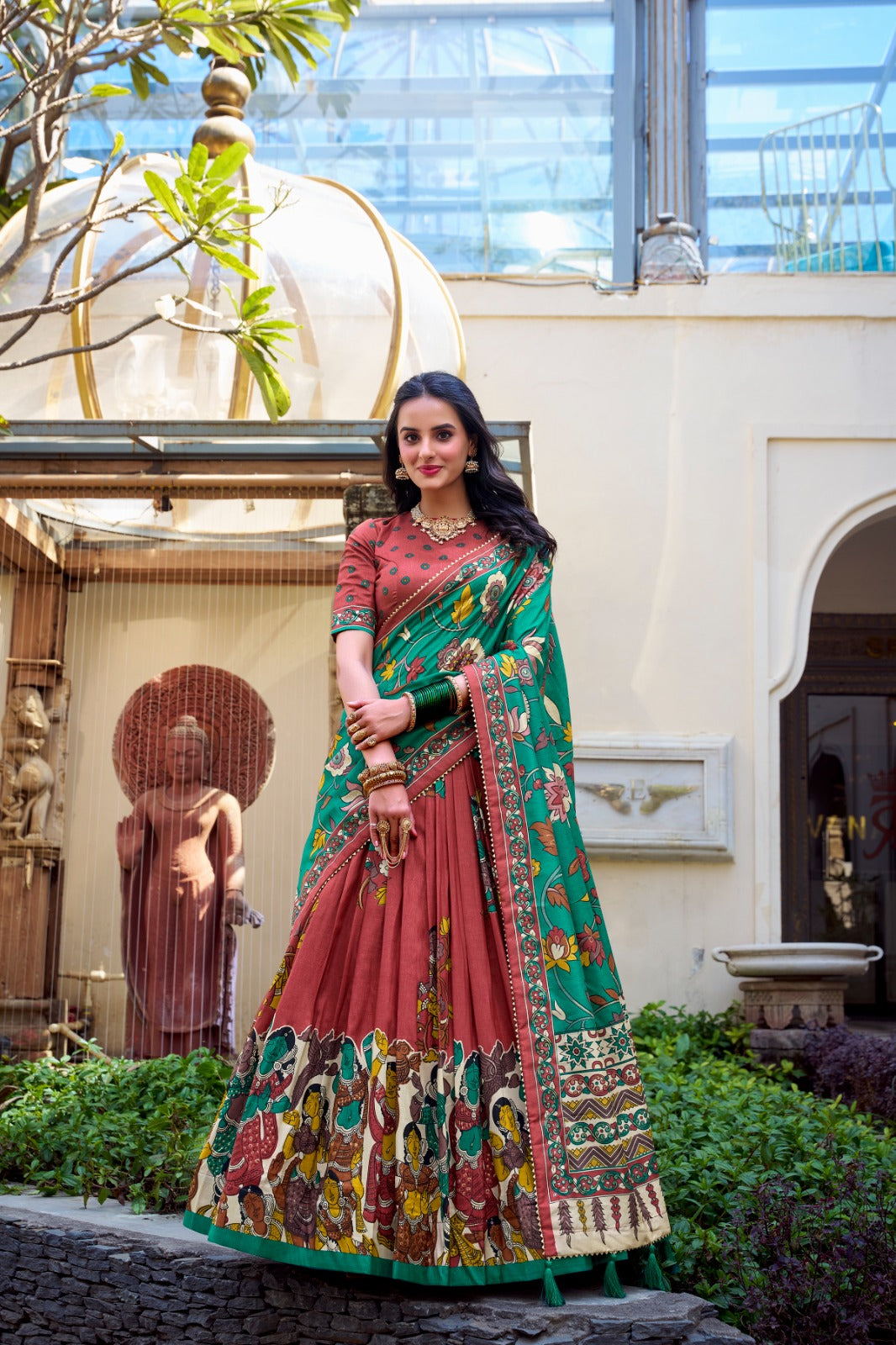 Exquisite Tussar Silk Kalamkari Printed Foil Worked Lehenga Choli