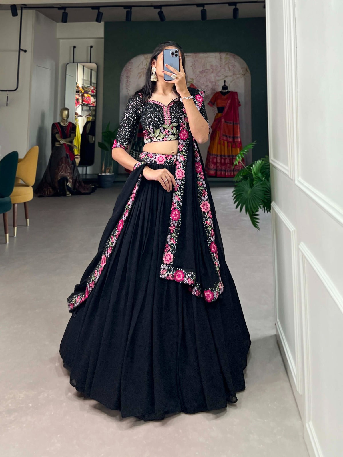 Mesmerizing Black Georgette Sequins Thread Worked Lehenga Choli - INDIAN ELEGANCE