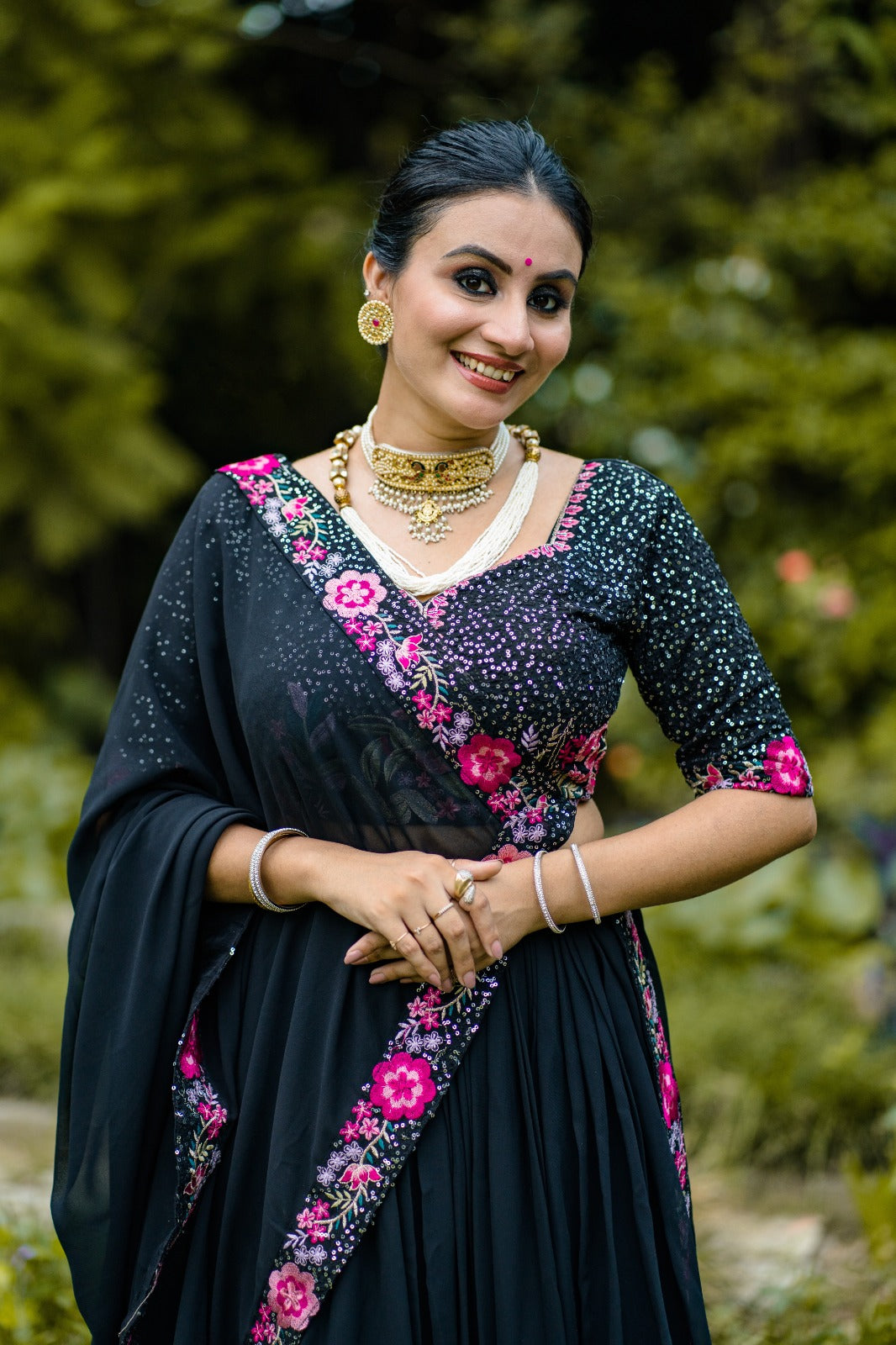 Mesmerizing Black Georgette Sequins Thread Worked Lehenga Choli - INDIAN ELEGANCE