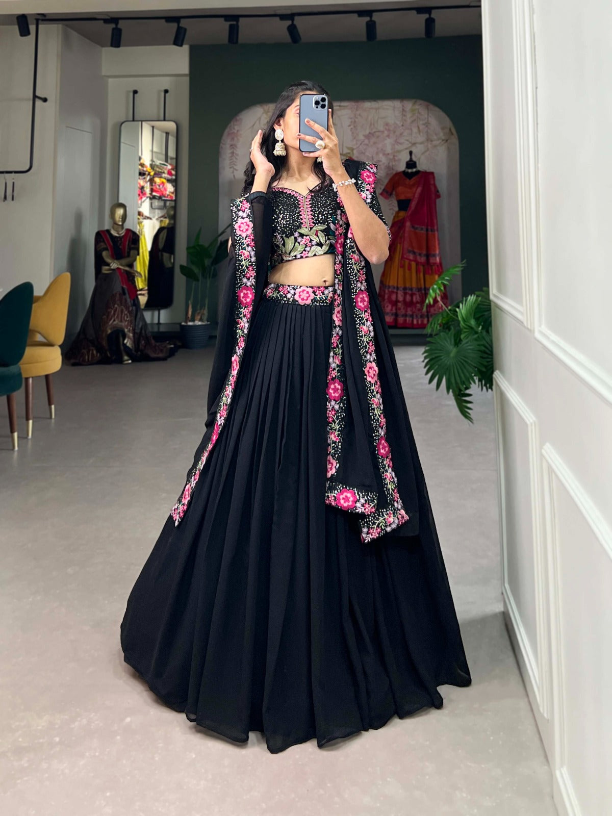 Mesmerizing Black Georgette Sequins Thread Worked Lehenga Choli - INDIAN ELEGANCE