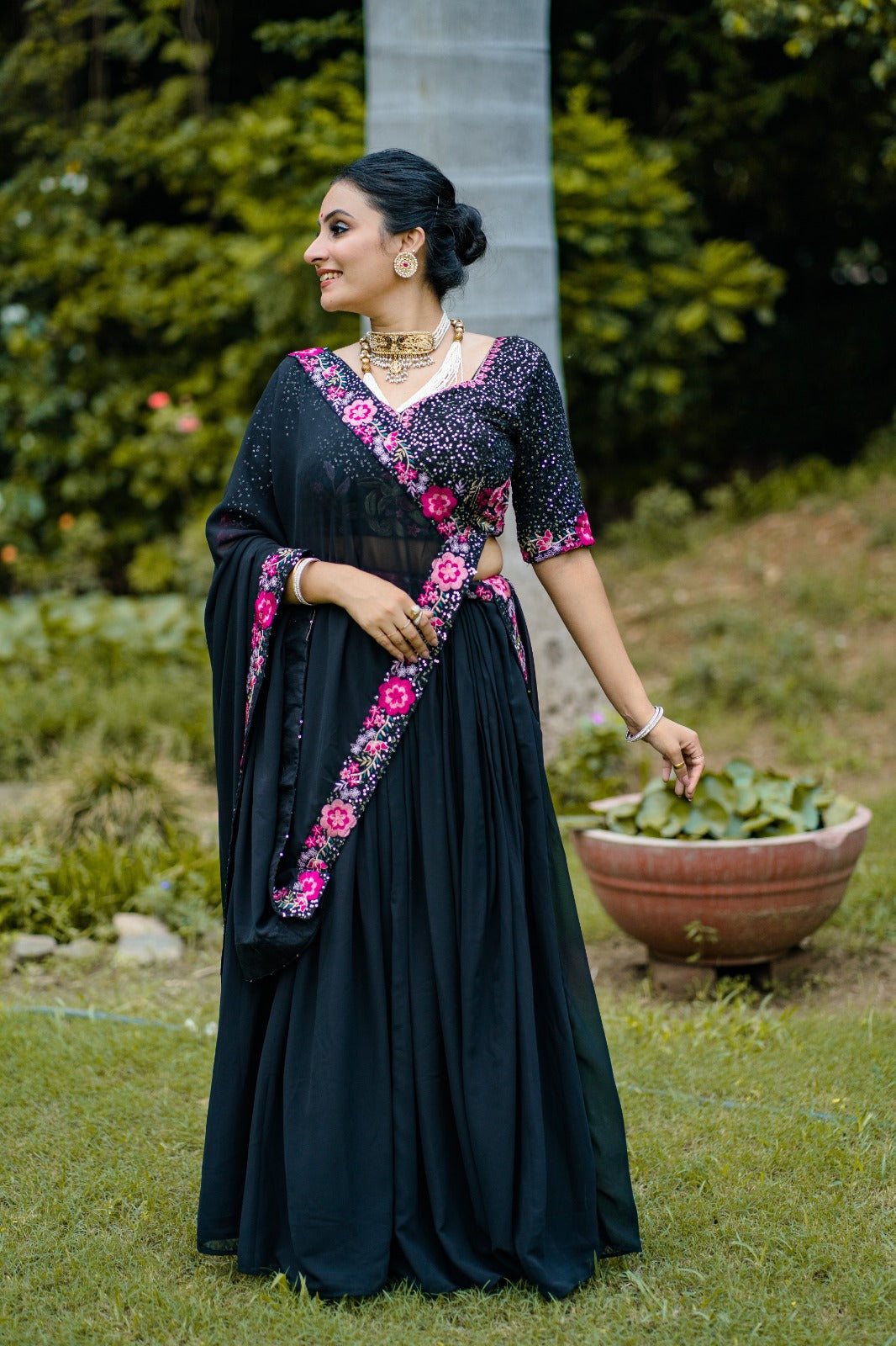 Mesmerizing Black Georgette Sequins Thread Worked Lehenga Choli - INDIAN ELEGANCE