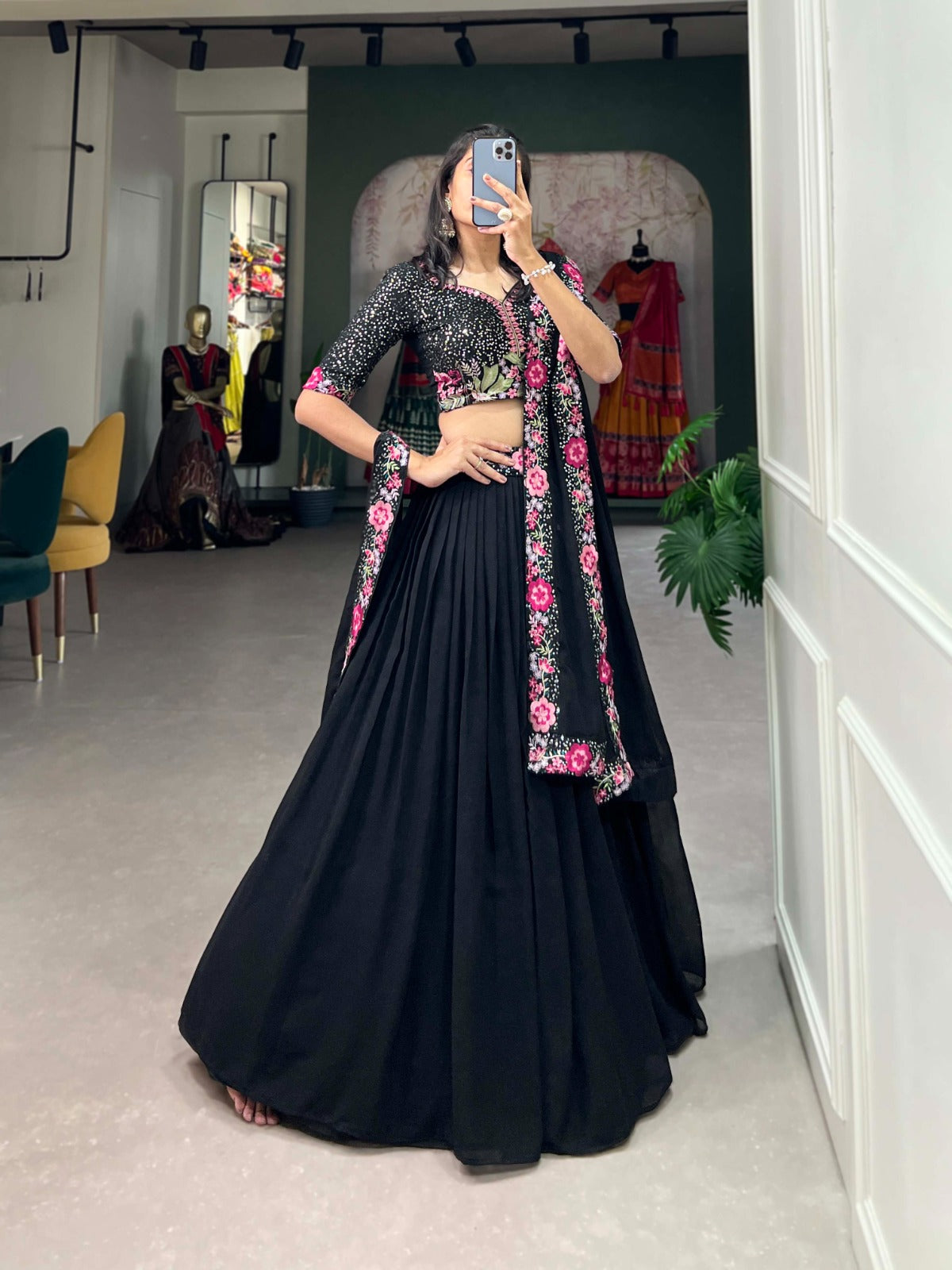 Mesmerizing Black Georgette Sequins Thread Worked Lehenga Choli - INDIAN ELEGANCE