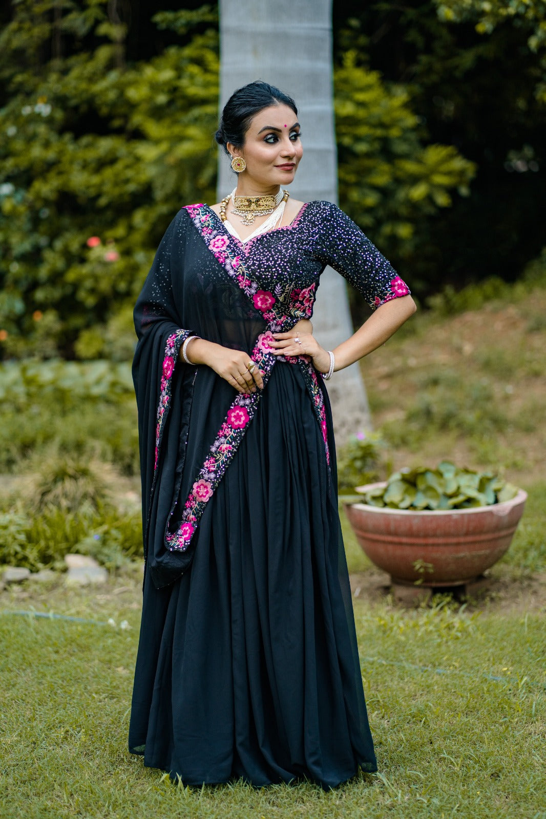 Mesmerizing Black Georgette Sequins Thread Worked Lehenga Choli - INDIAN ELEGANCE