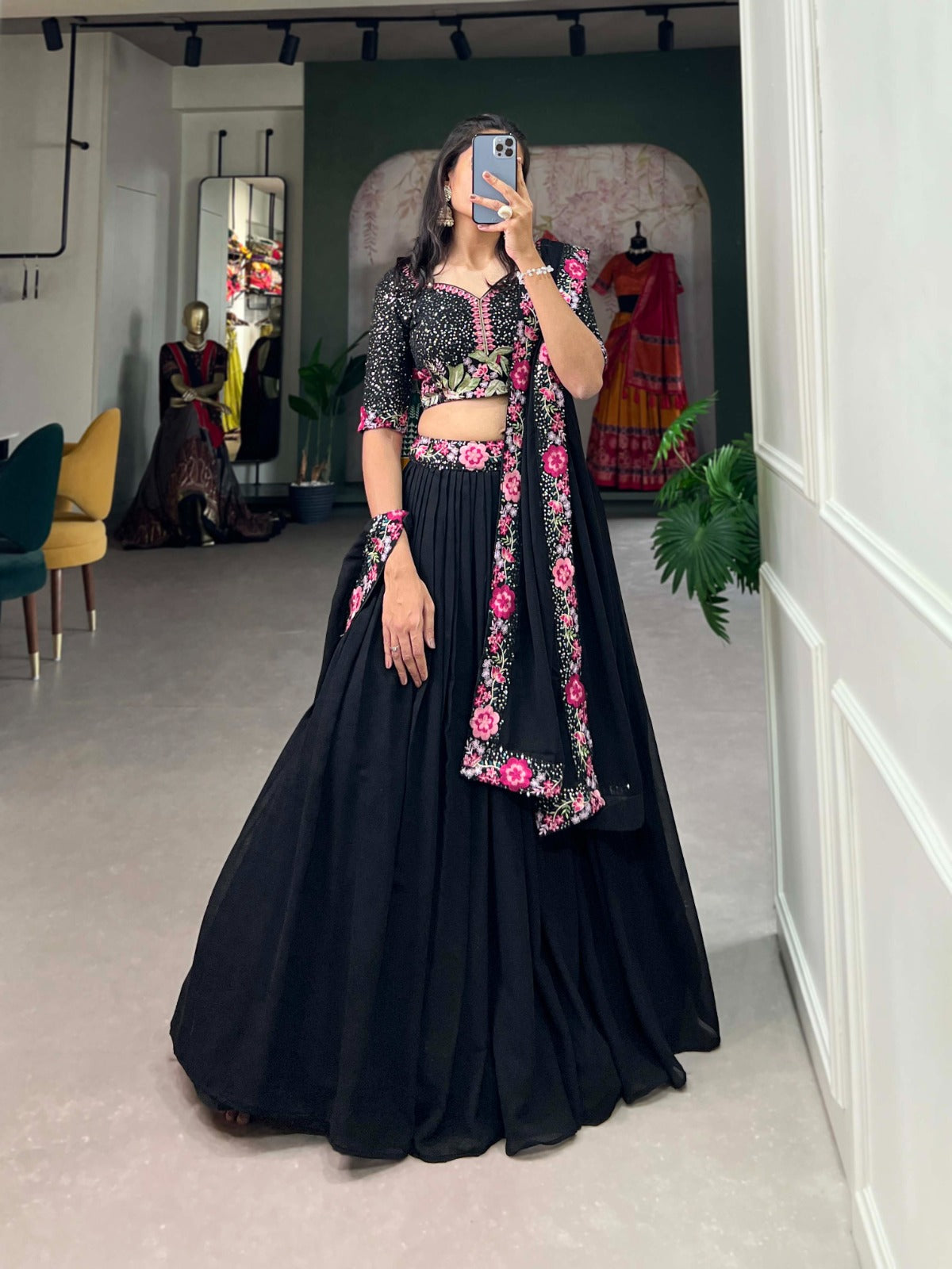 Mesmerizing Black Georgette Sequins Thread Worked Lehenga Choli - INDIAN ELEGANCE