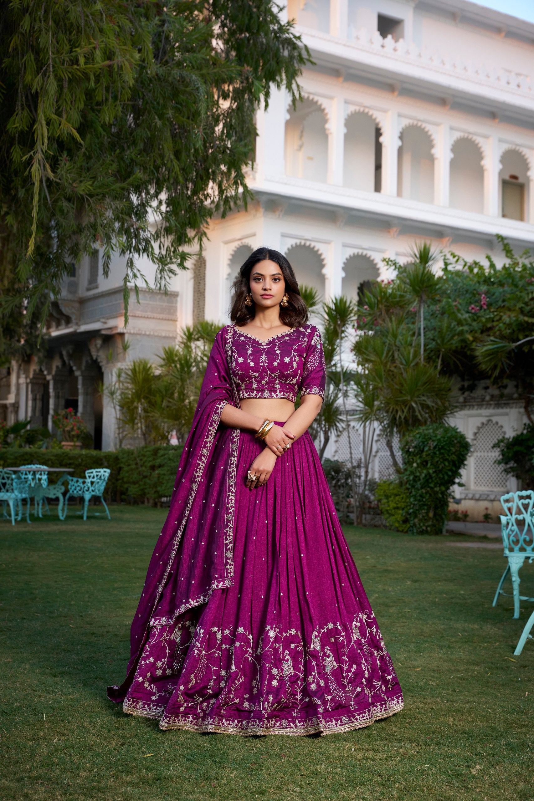 Enchanting Wine Vichitra Silk Sequins Thread Worked Lehenga Choli - INDIAN ELEGANCE