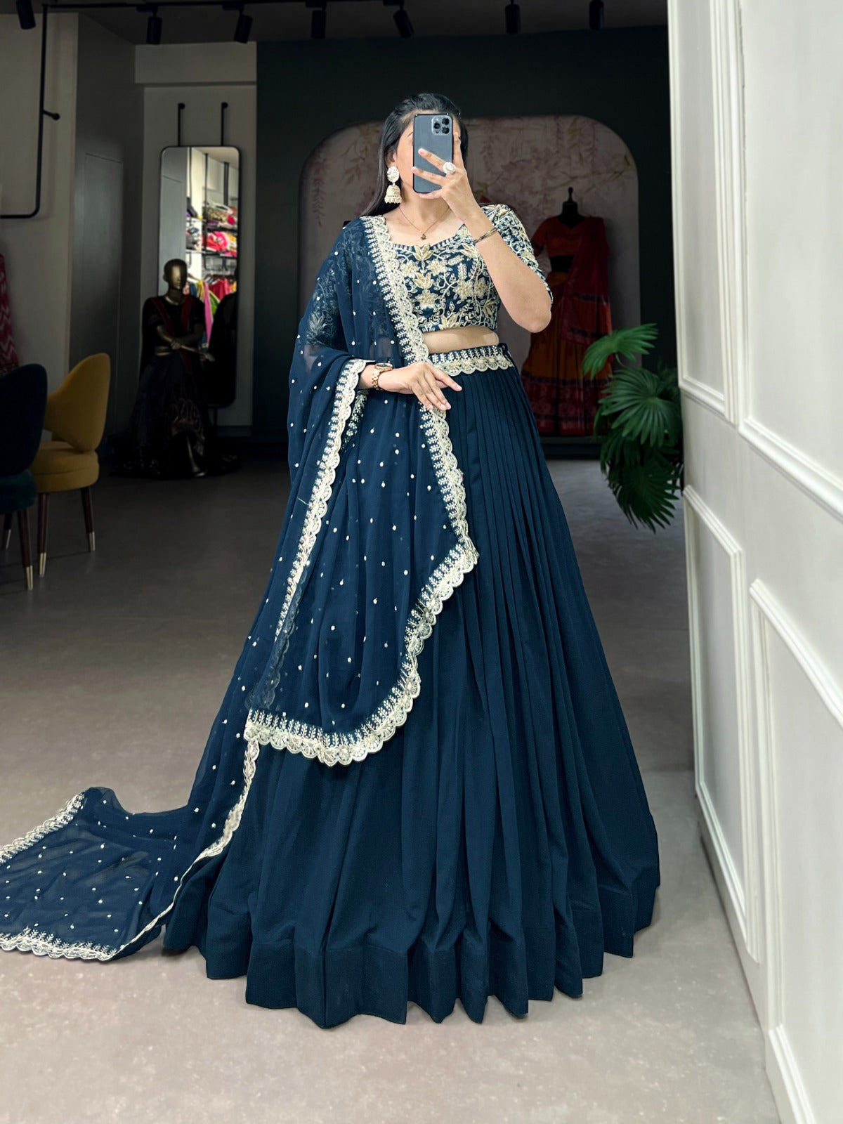 Radiant Teal Georgette Sequins Thread Worked Lehenga Choli - INDIAN ELEGANCE