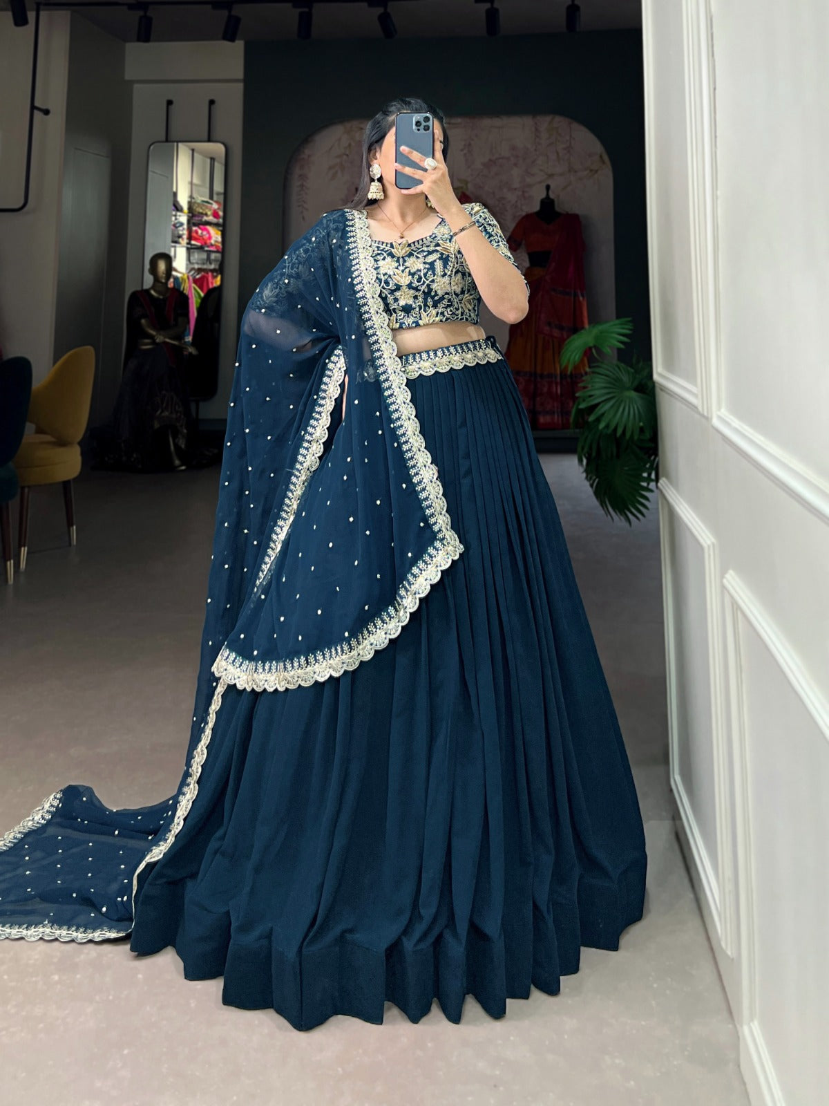 Radiant Teal Georgette Sequins Thread Worked Lehenga Choli - INDIAN ELEGANCE