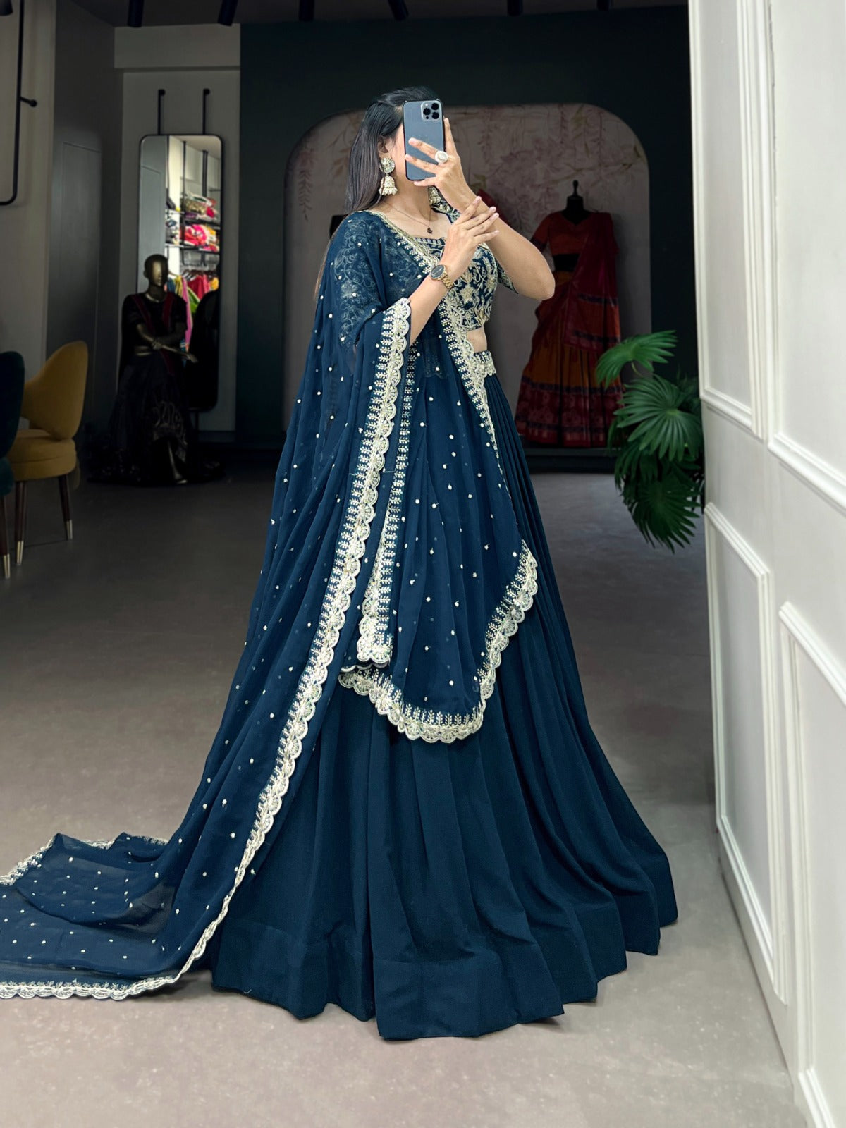 Radiant Teal Georgette Sequins Thread Worked Lehenga Choli - INDIAN ELEGANCE