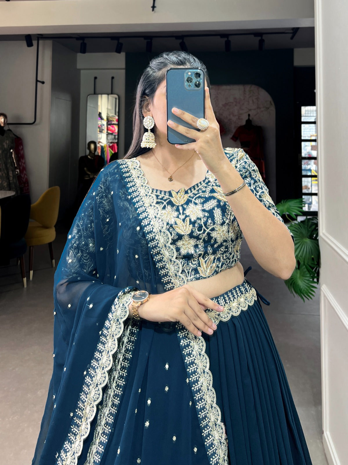 Radiant Teal Georgette Sequins Thread Worked Lehenga Choli - INDIAN ELEGANCE