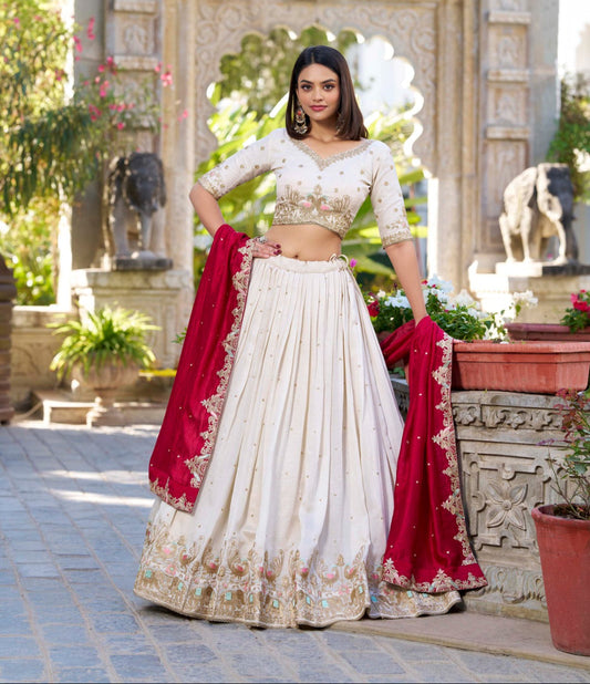 Lovely Off White Vichitra Silk Sequins Thread Worked Lehenga Choli - INDIAN ELEGANCE