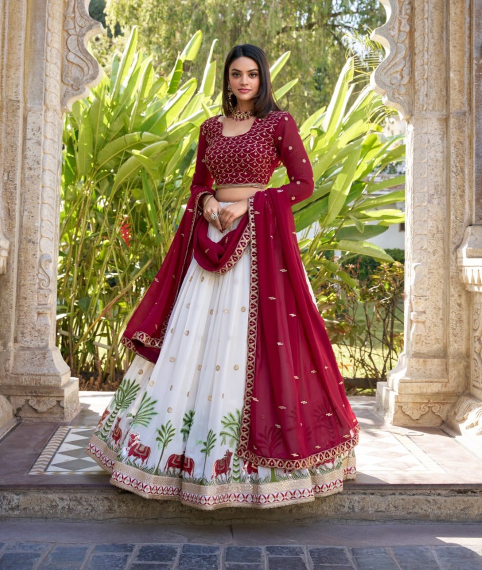 Spectacular White Georgette Sequins Thread Worked Lehenga Choli - INDIAN ELEGANCE