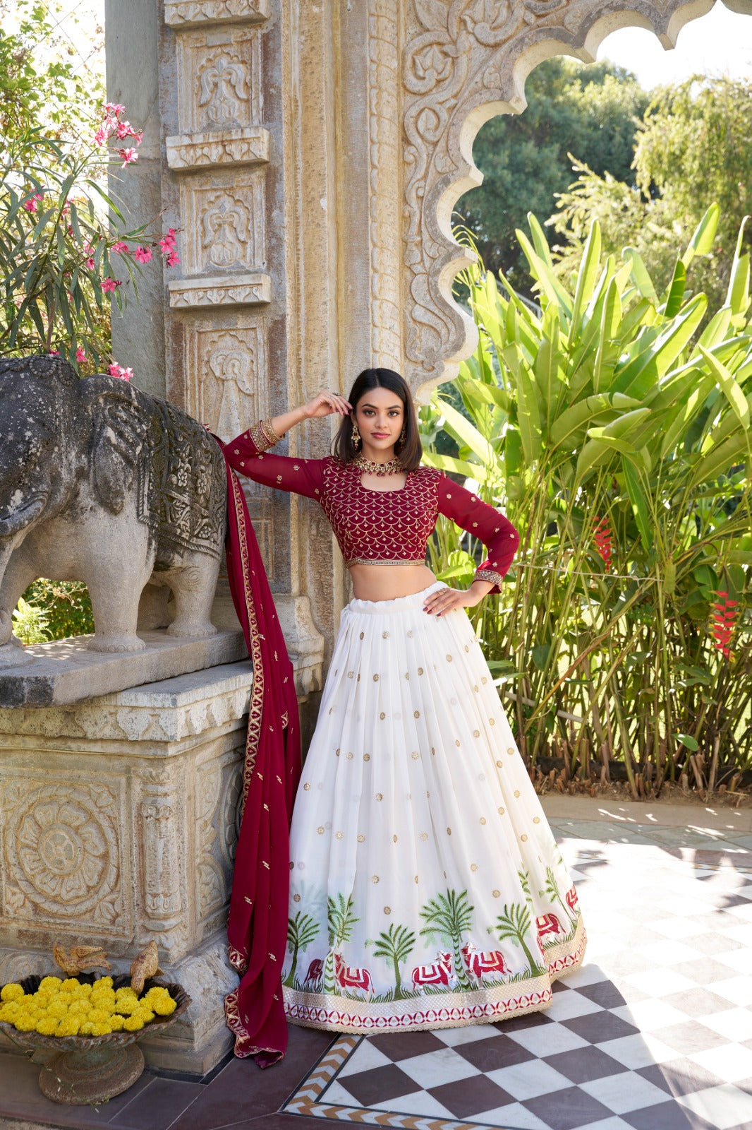 Spectacular White Georgette Sequins Thread Worked Lehenga Choli - INDIAN ELEGANCE
