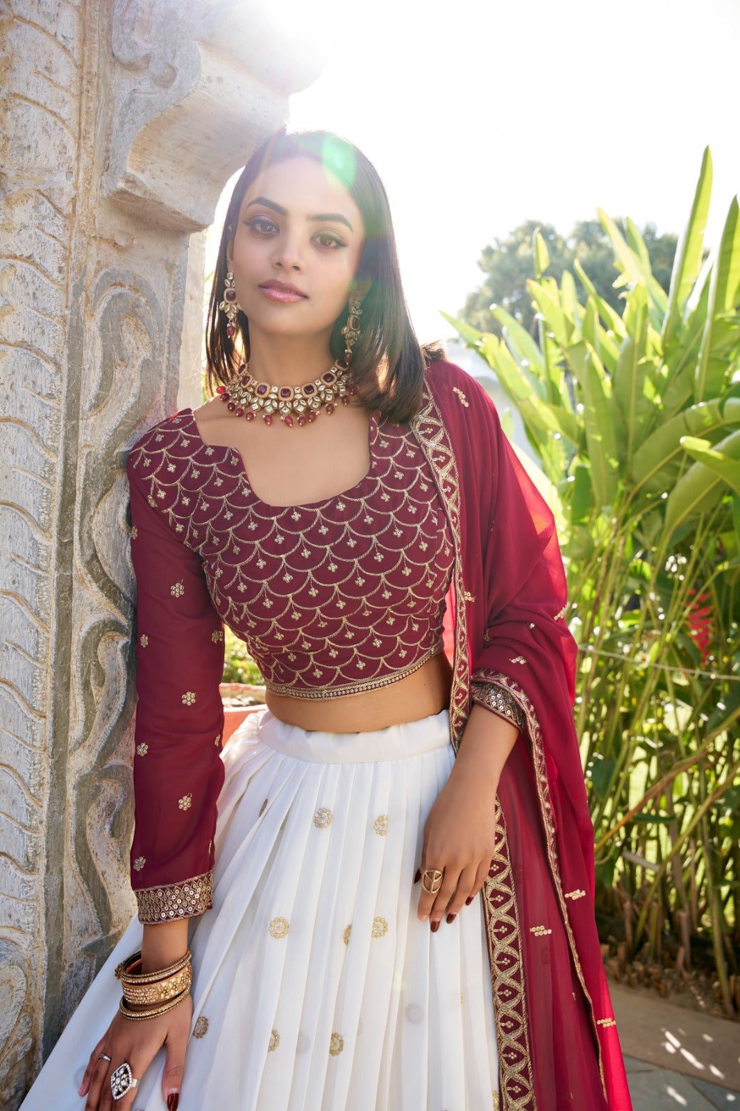 Spectacular White Georgette Sequins Thread Worked Lehenga Choli - INDIAN ELEGANCE