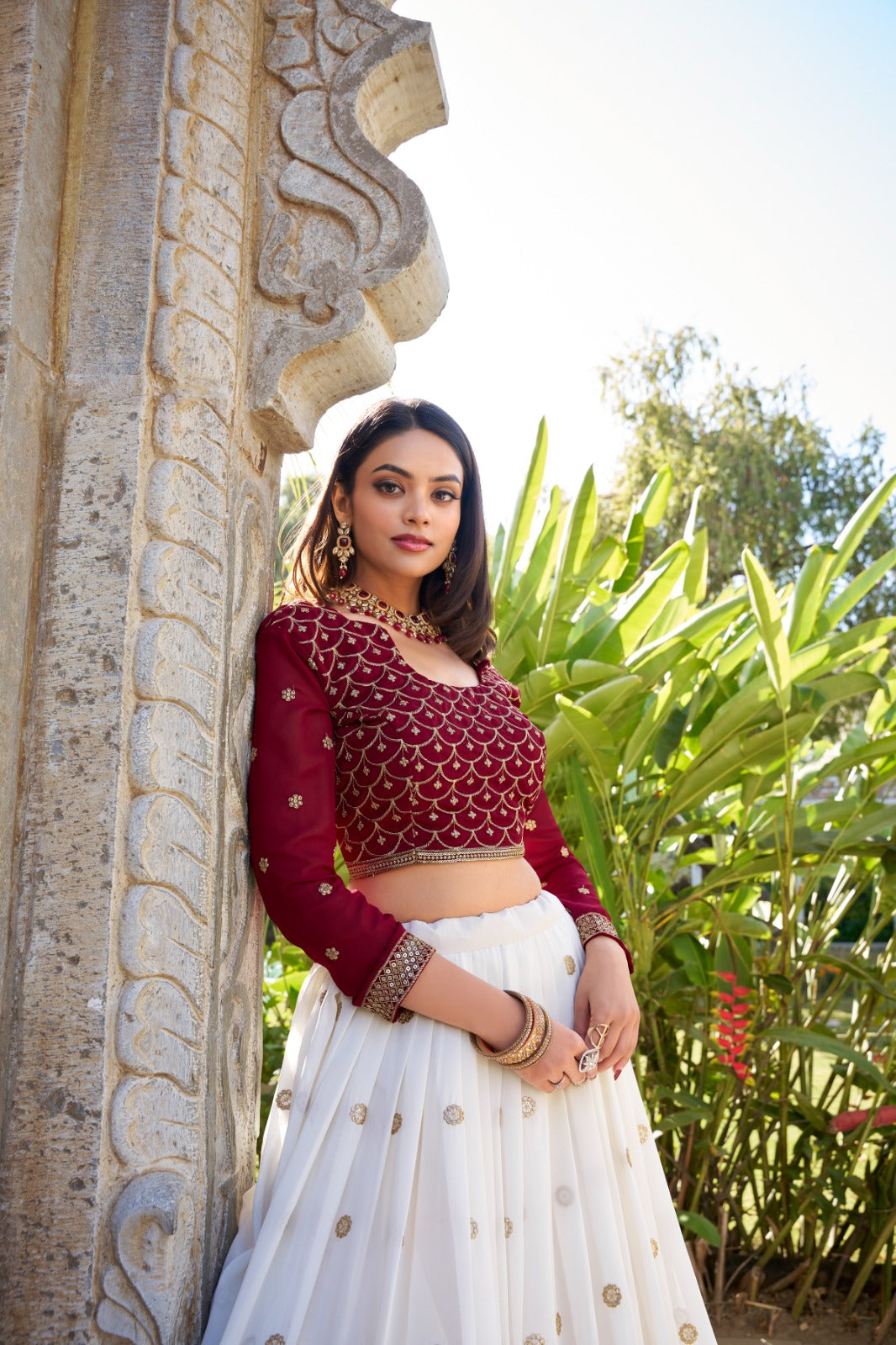 Spectacular White Georgette Sequins Thread Worked Lehenga Choli - INDIAN ELEGANCE