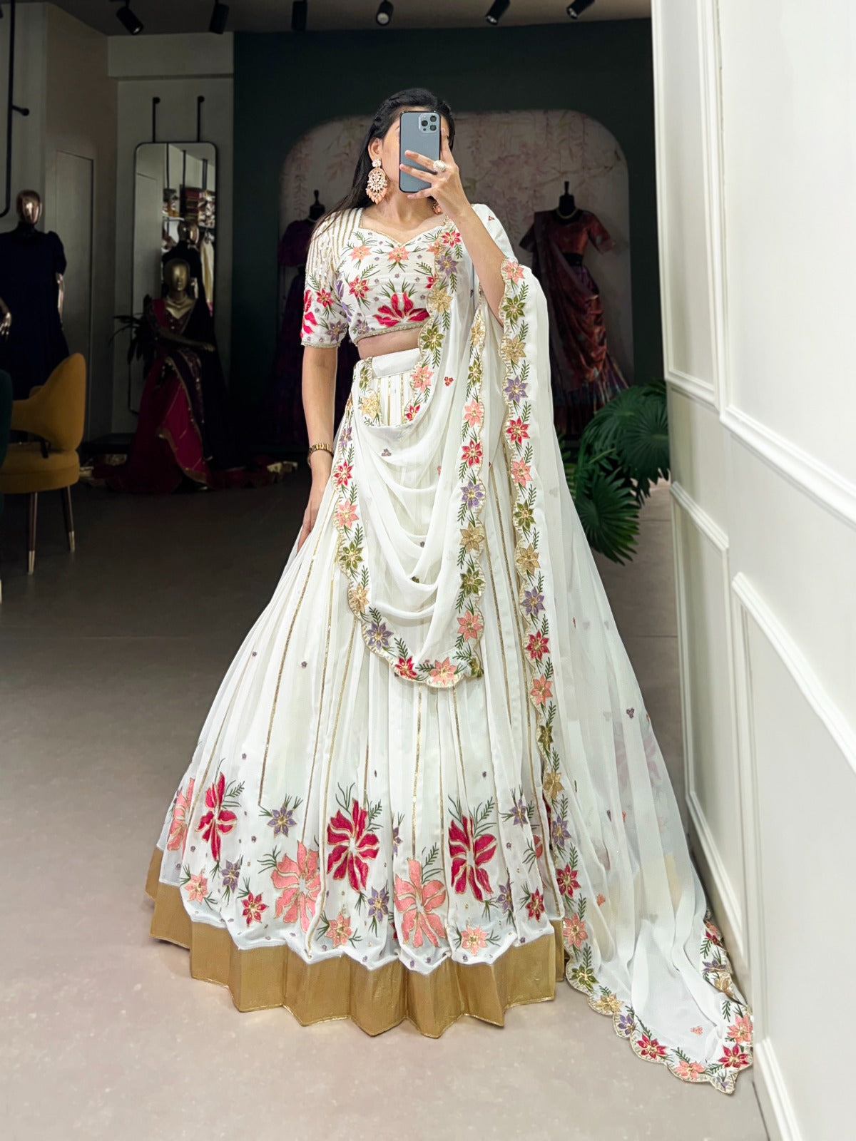 Radiant White Georgette Sequins Thread Worked Lehenga Choli - INDIAN ELEGANCE