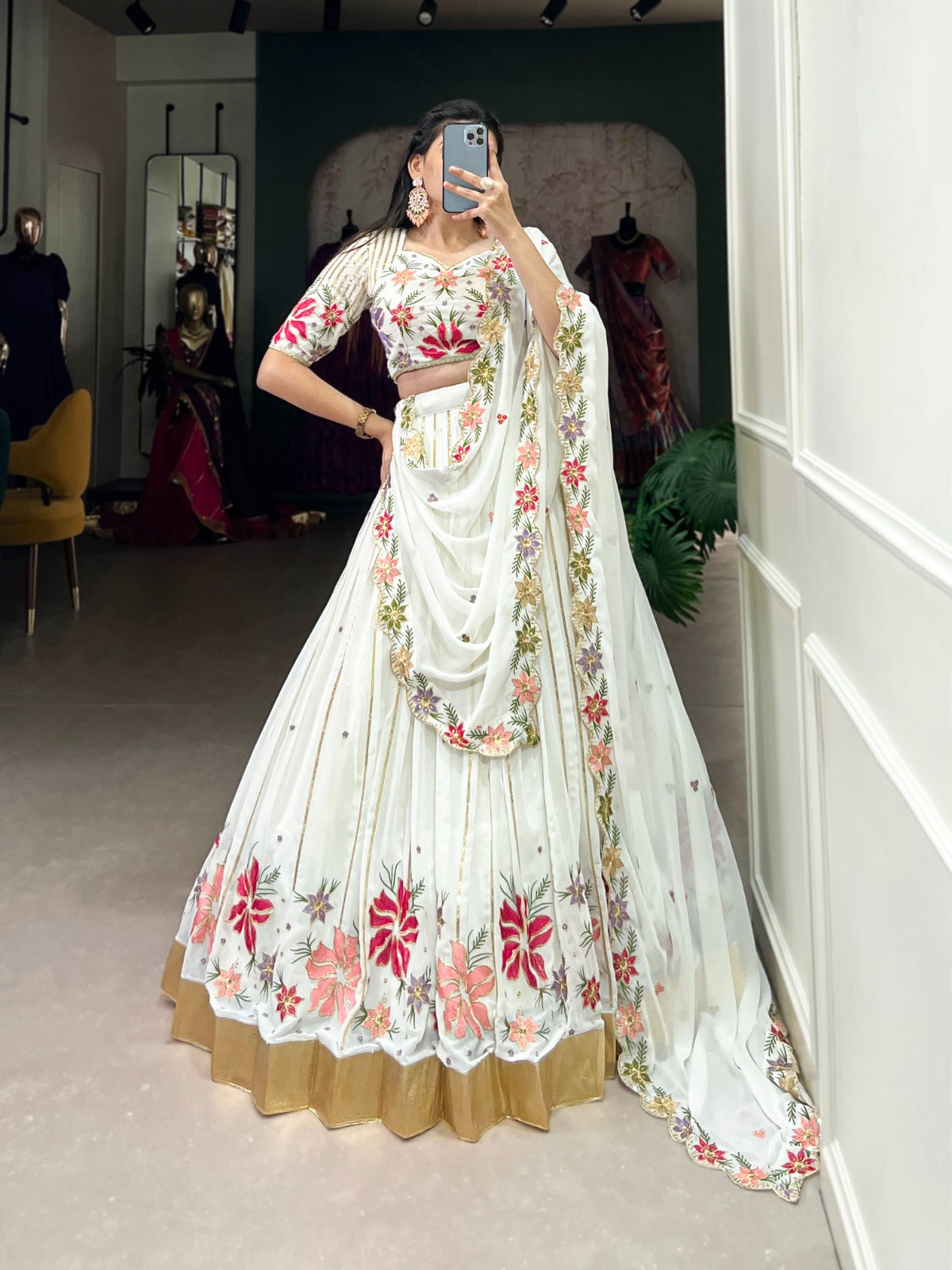 Radiant White Georgette Sequins Thread Worked Lehenga Choli - INDIAN ELEGANCE