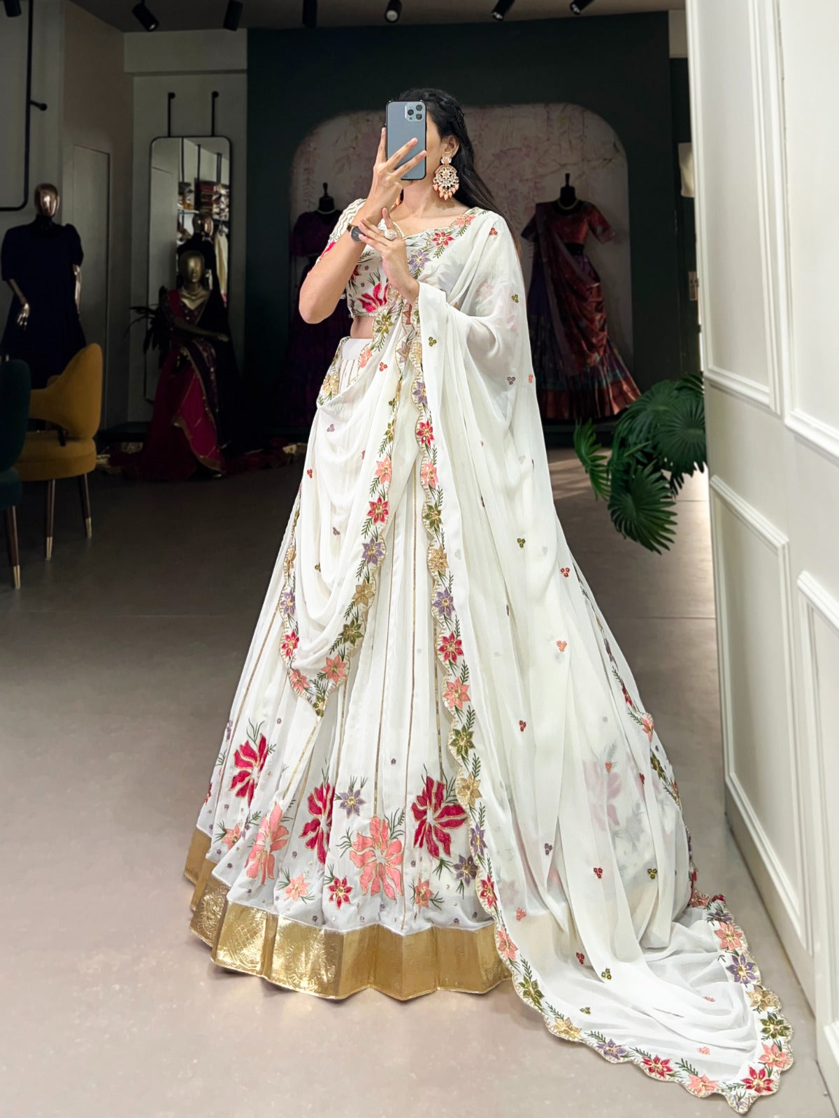 Radiant White Georgette Sequins Thread Worked Lehenga Choli - INDIAN ELEGANCE