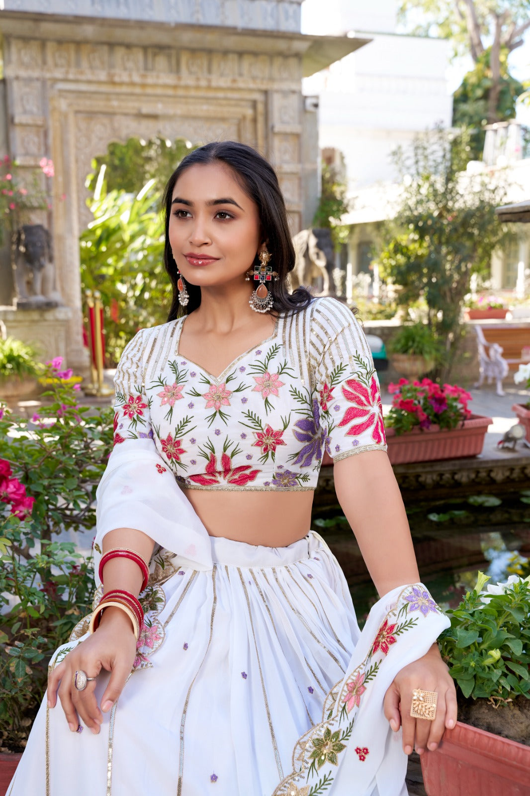 Radiant White Georgette Sequins Thread Worked Lehenga Choli - INDIAN ELEGANCE