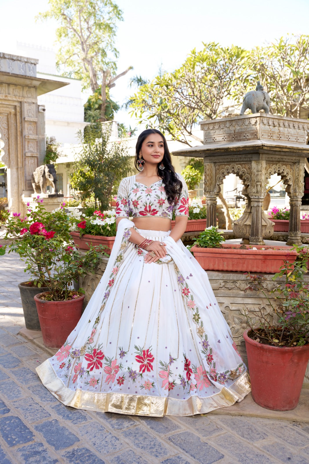 Radiant White Georgette Sequins Thread Worked Lehenga Choli - INDIAN ELEGANCE
