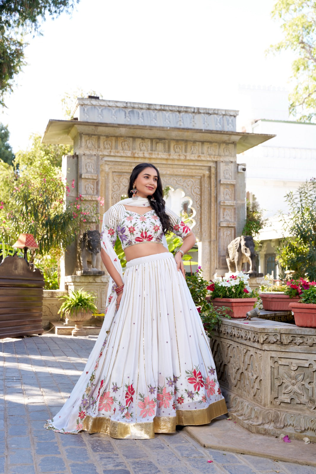 Radiant White Georgette Sequins Thread Worked Lehenga Choli - INDIAN ELEGANCE