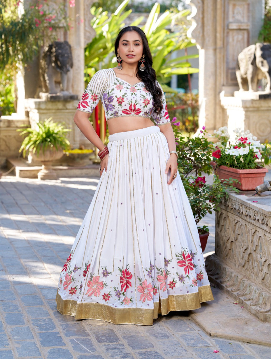 Radiant White Georgette Sequins Thread Worked Lehenga Choli - INDIAN ELEGANCE