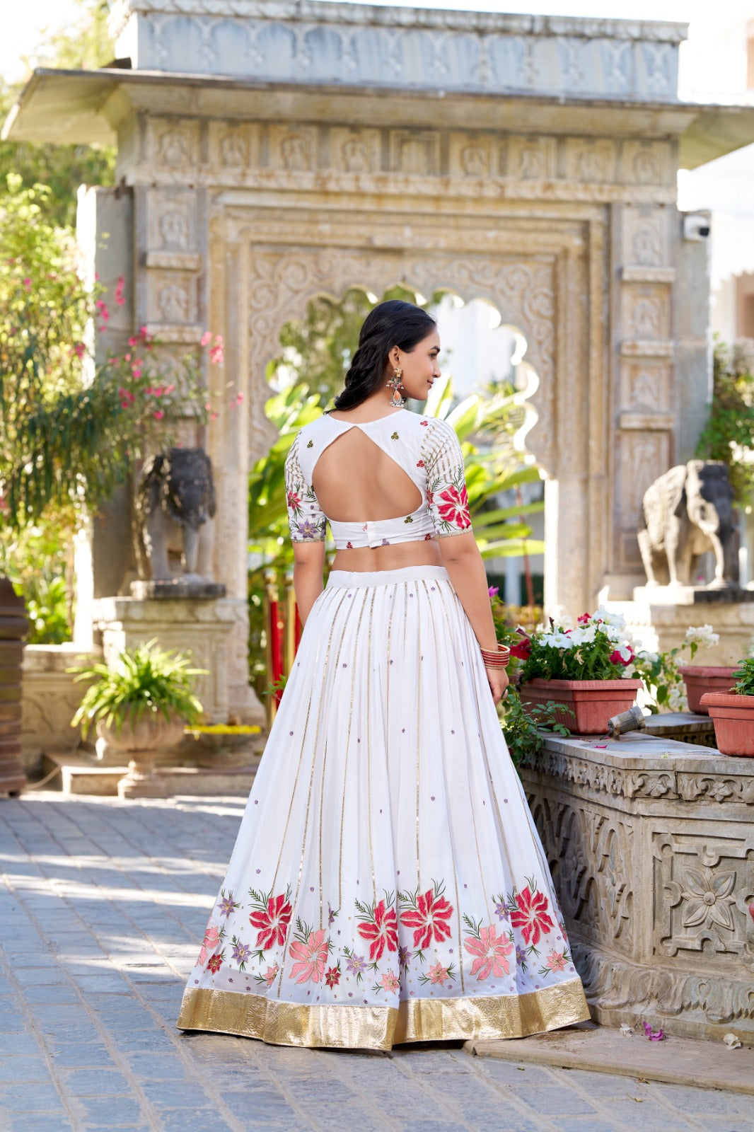 Radiant White Georgette Sequins Thread Worked Lehenga Choli - INDIAN ELEGANCE