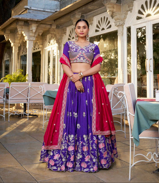 Graceful Purple Vichitra Silk Sequins Thread Worked Lehenga Choli - INDIAN ELEGANCE