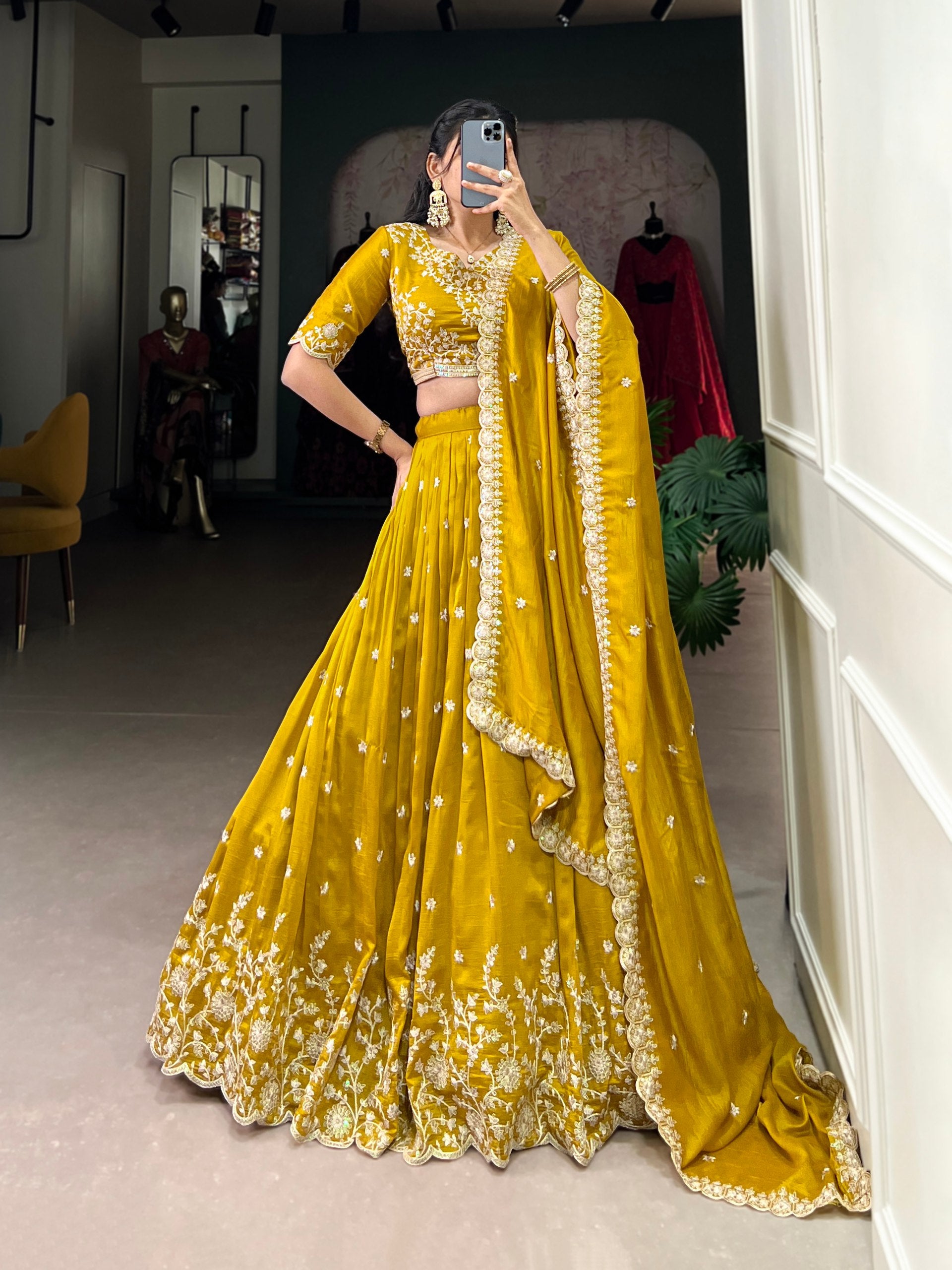 Stylish Mustard Yellow Vichitra Silk Sequins Thread Worked Lehenga Choli - INDIAN ELEGANCE