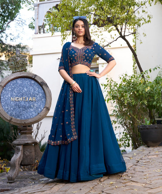 Elegant Firozi Sequins Thread Worked Lehenga Choli Set