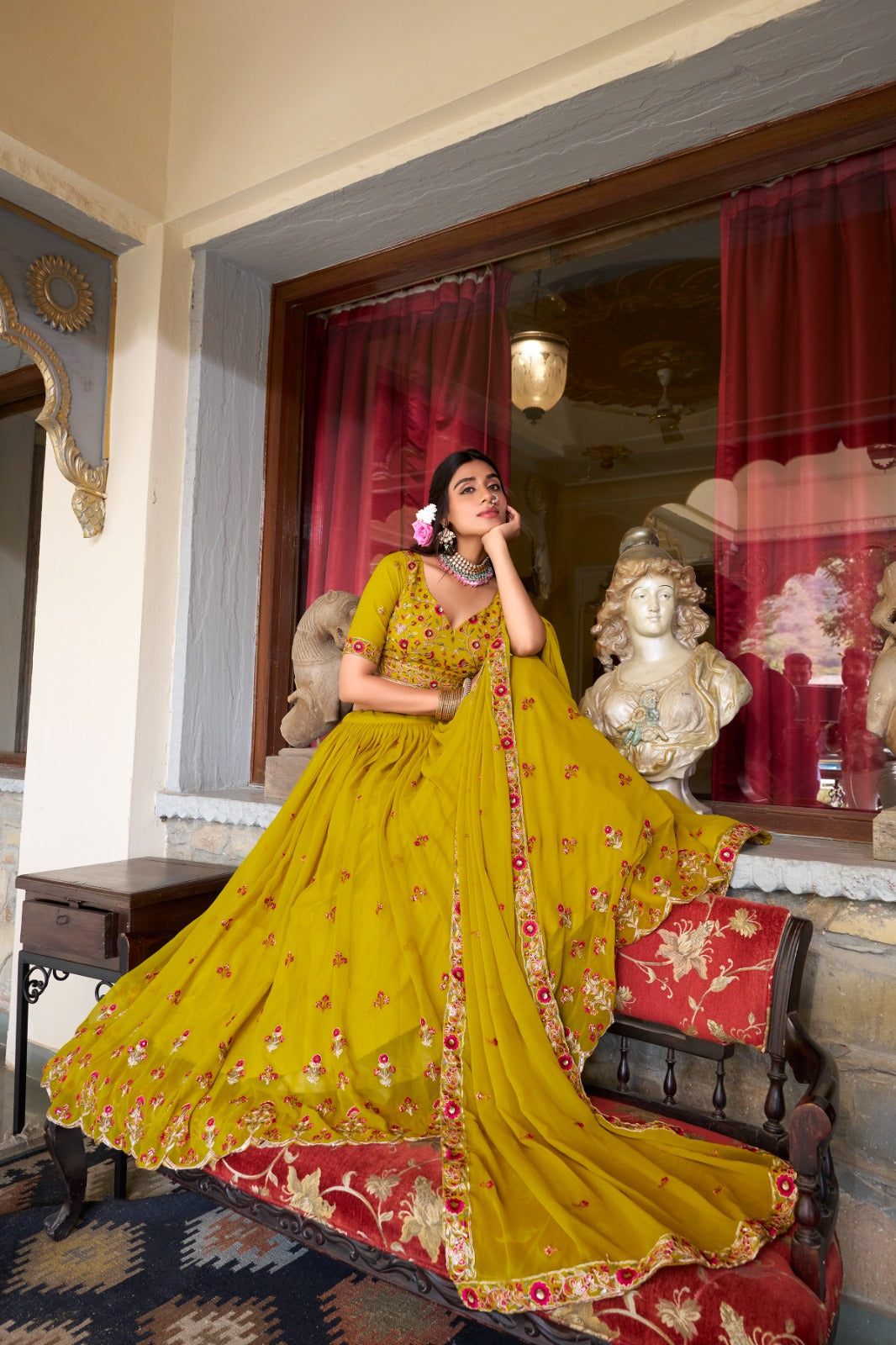 Graceful Yellow Georgette Sequins Thread Worked Lehenga Choli