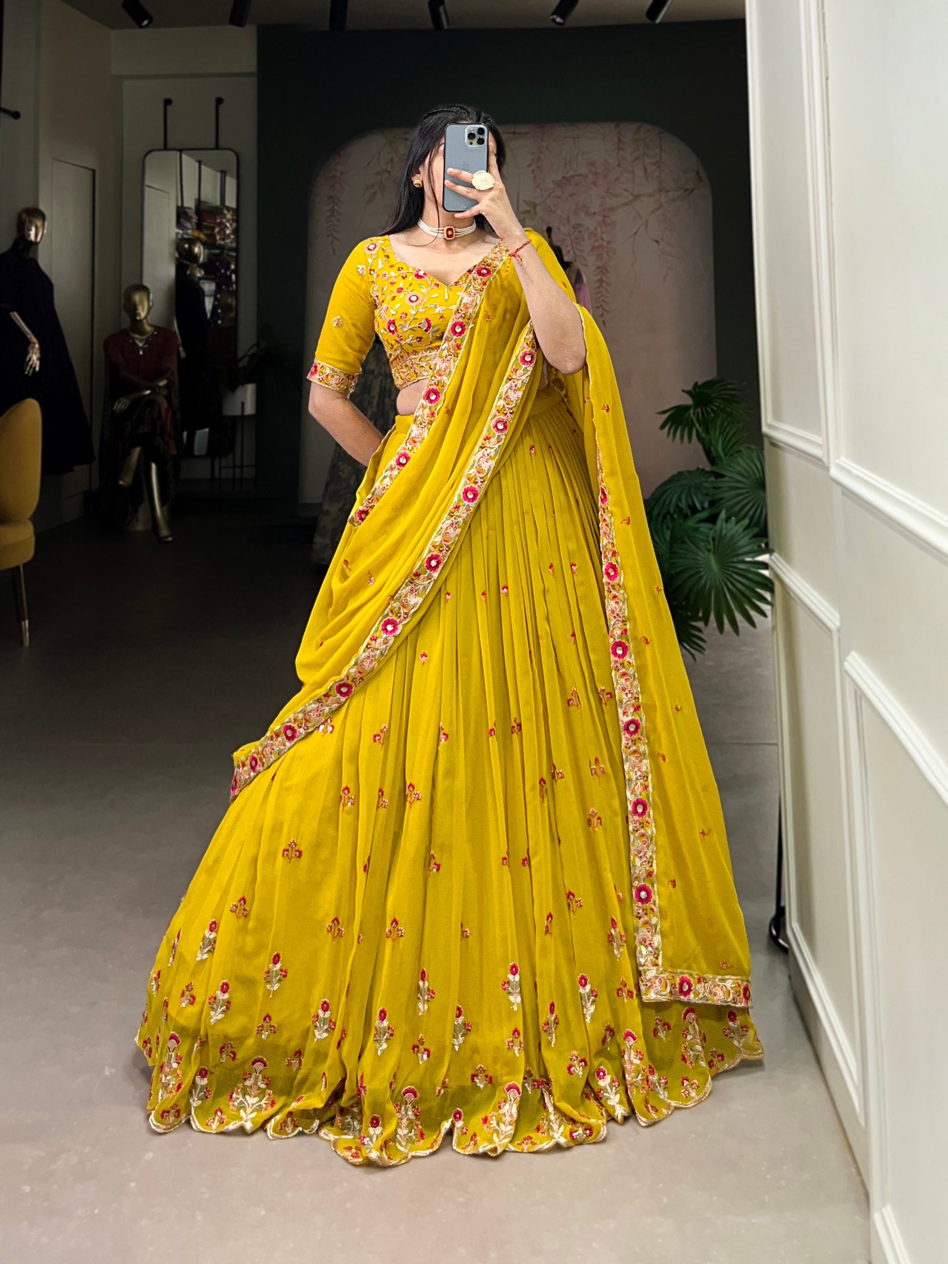 Graceful Yellow Georgette Sequins Thread Worked Lehenga Choli - INDIAN ELEGANCE