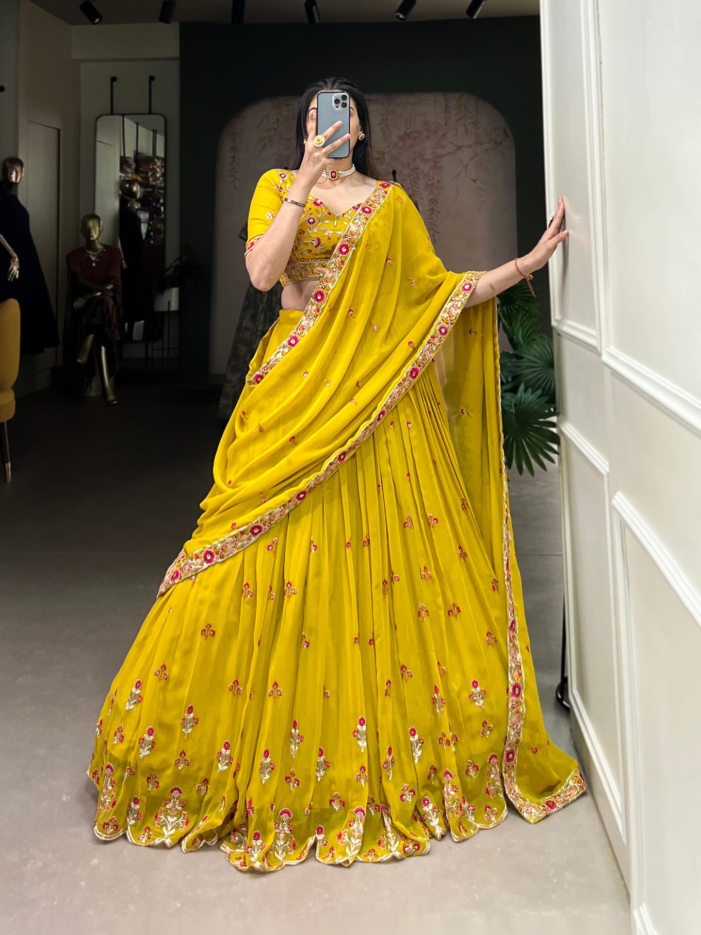Graceful Yellow Georgette Sequins Thread Worked Lehenga Choli - INDIAN ELEGANCE