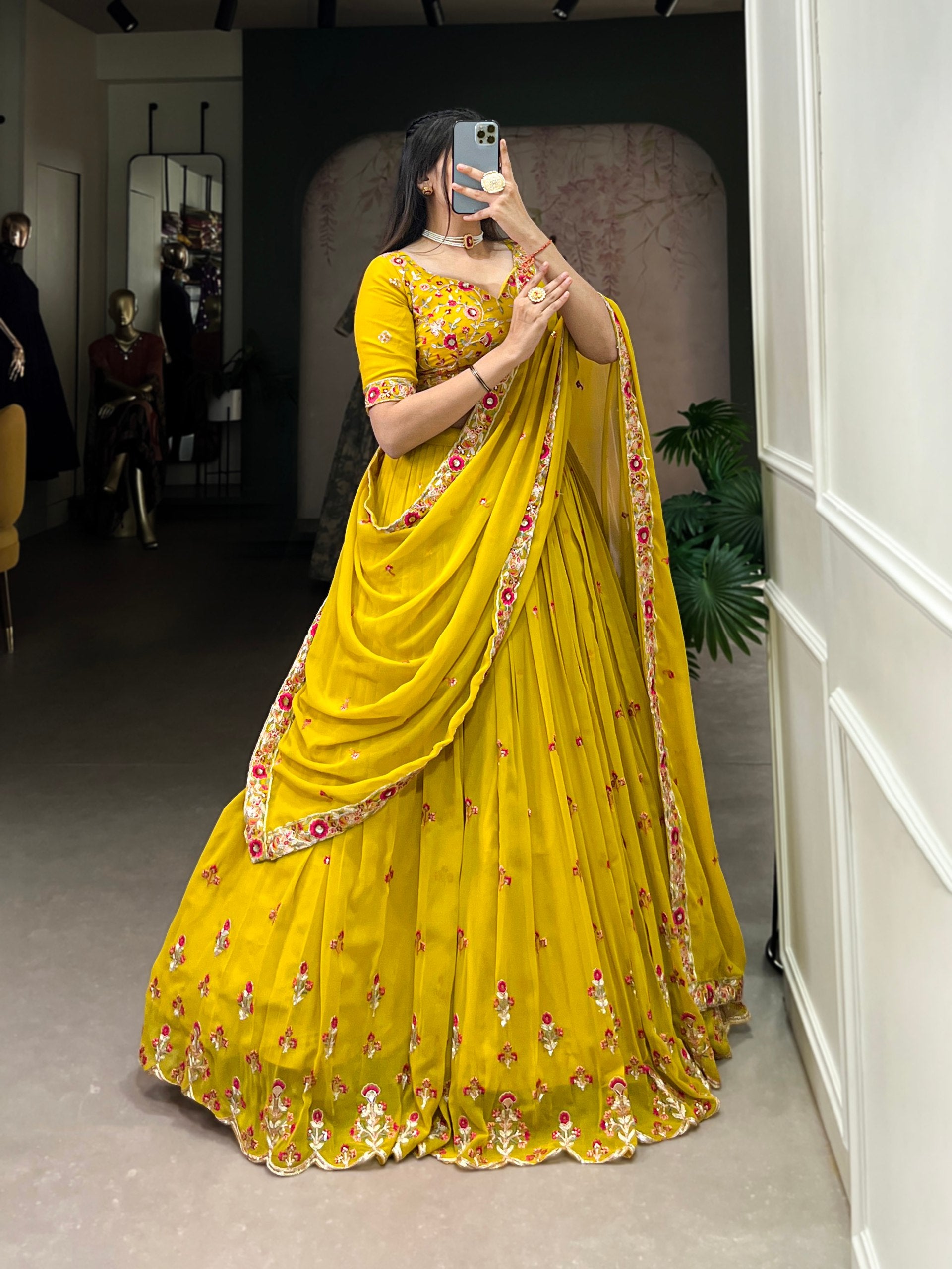 Graceful Yellow Georgette Sequins Thread Worked Lehenga Choli - INDIAN ELEGANCE