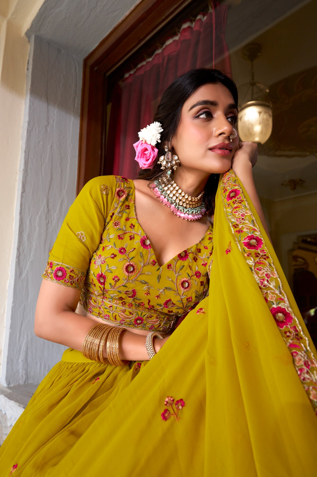 Graceful Yellow Georgette Sequins Thread Worked Lehenga Choli