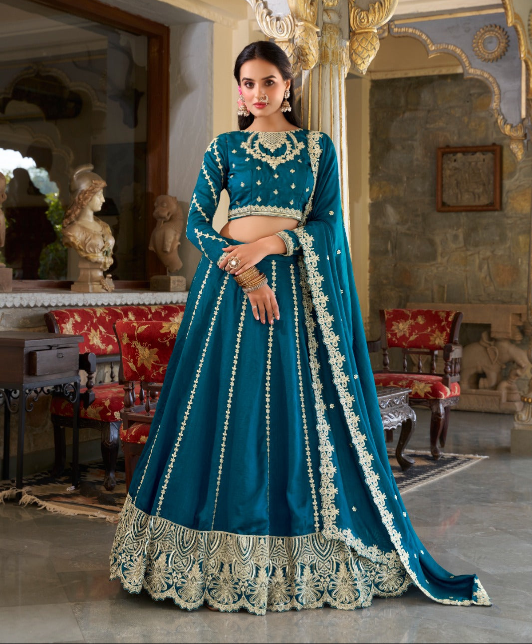 Exquisite Firozi Vichitra Silk Thread Sequins Worked Lehenga Choli