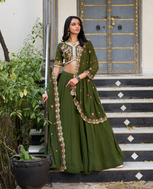 Divine Mehendi Green Georgette Sequins Thread Worked Lehenga Choli