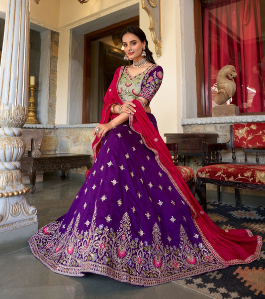 Elegant Purple Sequins Thread Embroidered Lehenga Choli - INDIAN ELEGANCE