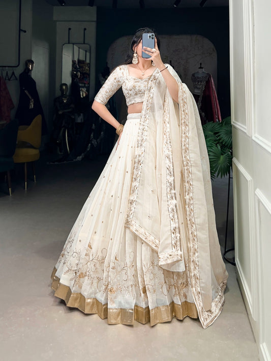 Off White Silver Glossy Sequins Embroidered Lehenga Choli