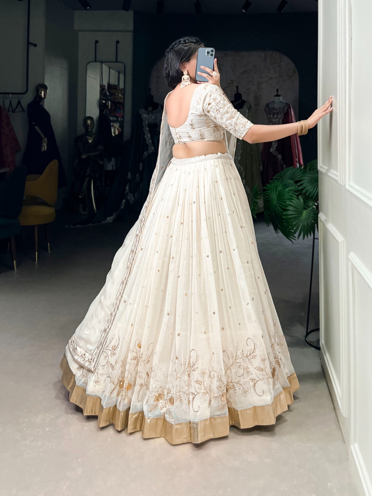 Off White Silver Glossy Sequins Embroidered Lehenga Choli