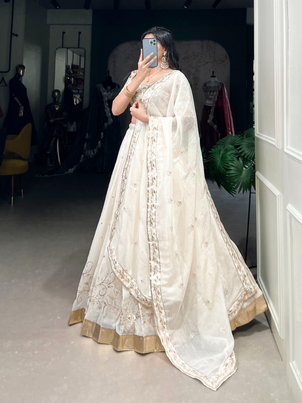 Off White Silver Glossy Sequins Embroidered Lehenga Choli