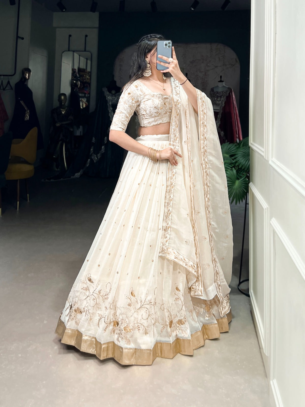 Off White Silver Glossy Sequins Embroidered Lehenga Choli